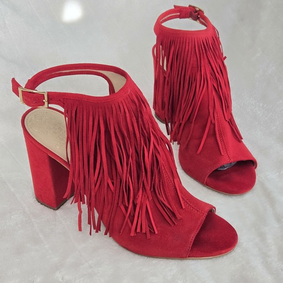 Vince Camuto Winiveer Dress Sandals Women's Sz 9.5 Red Suede Block Heel Bohemian - Picture 1 of 12